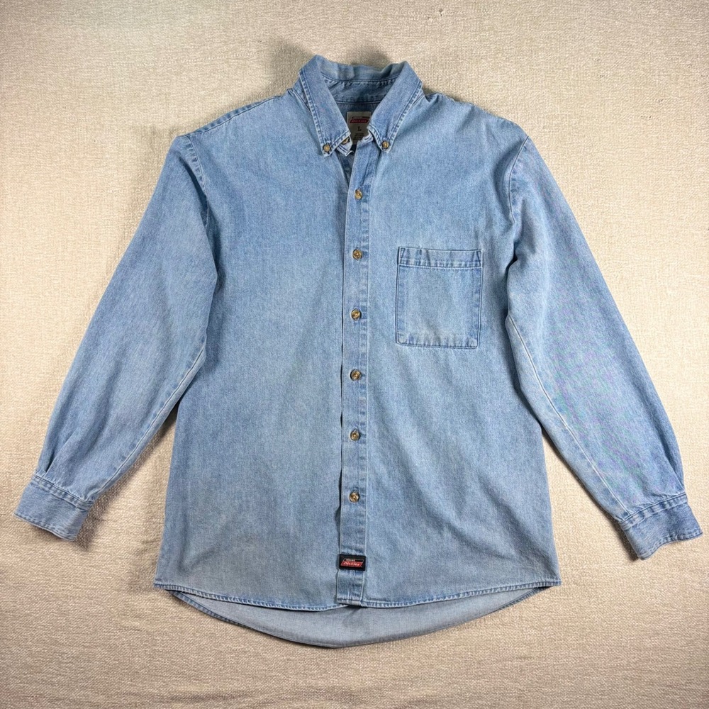 Dickies Mens Denim Button Down Shirt Light Wash Long Sleeve Workwear L Pocket